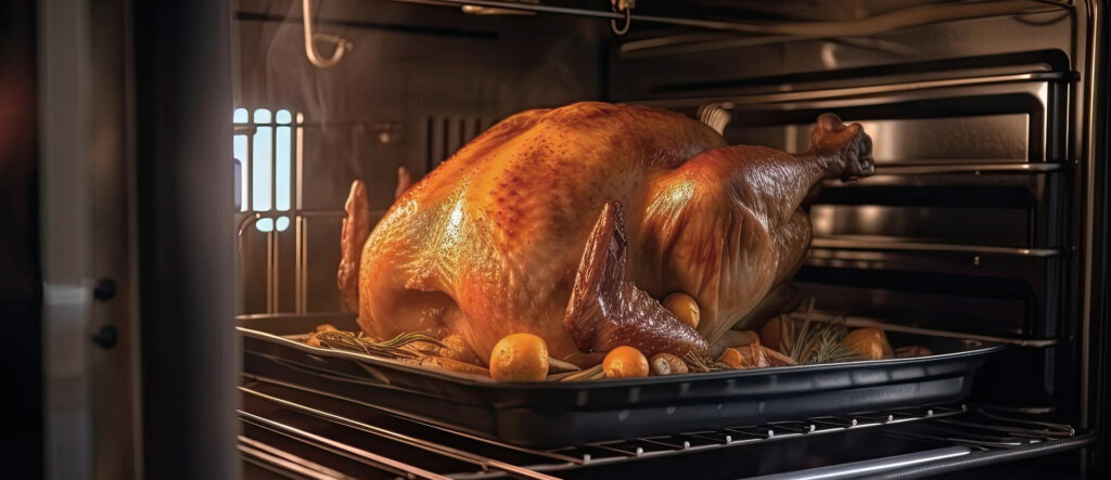 Un pavo relleno en una bandeja, en el interior de un horno encendido, con su guarnición de verduras.